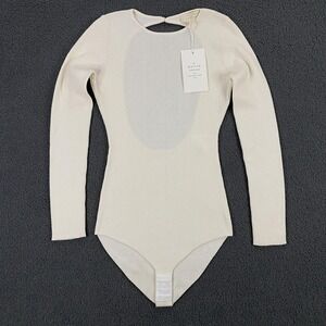 Sezane Ashley Bodysuit Womens Medium Ecru Ribbed Merino Wool Cotton‎ Long Sleeve